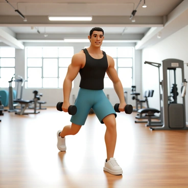 A bodybuilder, wearing a fitted black tank top and blue shorts, is performing weighted lunges in a high-ceilinged gym. The gym is spacious, equipped with various exercise machines and free weights. Bright lights illuminate the area, highlighting the bodybuilder's muscular build and focused expression. He is holding a heavy dumbbell in each hand, with one leg stepping forward into a lunge position while the other leg stays behind. The floor is made of polished wood, and large windows allow natural light to stream in, creating a vibrant atmosphere.
