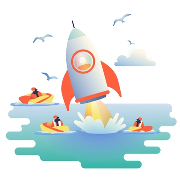 A retro-style space capsule with a silver and orange exterior is descending toward the ocean, creating splashes of water around it. The ocean has gentle waves, reflecting shades of blue and green. Several rescue boats with bright red and yellow colors are approaching the capsule. The boats are equipped with rescue personnel in orange life jackets, ready to assist. In the background, a clear sky with a few fluffy clouds adds to the scene, while seagulls are flying overhead.