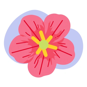 A single flower with vibrant red petals, showcasing intricate details and textures. The petals have delicate veins running through them, creating a captivating pattern. At the center of the flower, there are bright yellow stamens surrounded by a soft green pistil. The background is a gentle gradient of blue and white, emphasizing the beauty of the flower. Tiny droplets of water can be seen glistening on the petals, enhancing the overall freshness of the illustration.