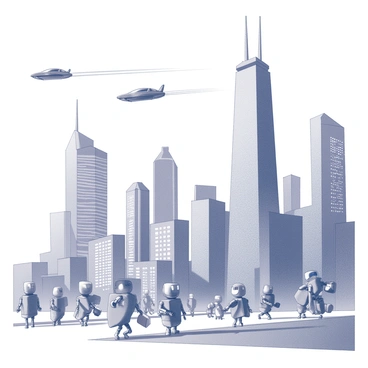 A futuristic cityscape filled with tall skyscrapers featuring sleek, angular designs and illuminated windows. The skyline is punctuated with various flying cars navigating through the air, leaving trails behind them. On the streets, numerous robots with humanoid features and mechanical limbs are interacting with each other and with human pedestrians. Some robots are carrying packages, while others are assisting individuals in various tasks. The scene is filled with dynamic activity, showcasing the advanced technology and vibrant life of the city.