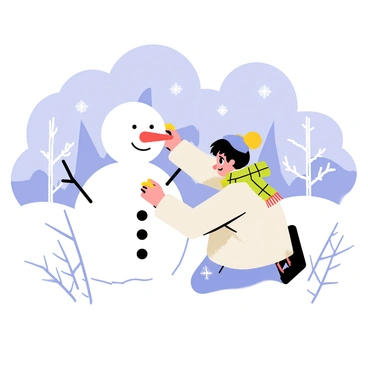 A young girl named "Kanako" is outside in a "winter wonderland," surrounded by "snow-covered trees" and "sparkling snowflakes" falling from the sky. She is wearing a thick "puffy jacket" and a "colorful scarf" wrapped around her neck. Kanako is kneeling in the soft snow, carefully shaping a "large snowman" with a "round head" and a "big body." She is placing "coal buttons" on the snowman's torso and adding a "carrot nose." Nearby, there are "snow-covered hills" and a few "frozen branches" glistening in the sunlight.