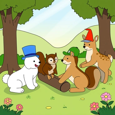 A cheerful group of animals is gathered in a sunlit forest clearing. There is a fluffy bunny with white fur wearing a small blue top hat. Next to the bunny, a wise old owl with brown feathers has a tiny red wizard hat perched on its head. A playful squirrel, with a bushy tail, sports a green baseball cap as it leans on a log, chatting animatedly. A gentle deer with soft brown spots has a pink flower hat sitting delicately atop its head, listening intently. The scene is lively, with bright green grass and vibrant wildflowers dotting the ground around them. Gentle rays of sunlight filter through the trees, creating a warm and inviting atmosphere.
