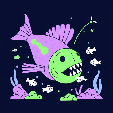 An eerie deep-sea anglerfish is positioned in a dark underwater environment. The fish has a large, elongated body with sharp teeth visible in its gaping mouth. Its skin is textured and features prominent fins. The most striking feature is its bioluminescent lure, which emits a bright glow, illuminating the surrounding dark waters. Various small fish are seen curiously approaching the lure, reflecting faint light in their scales. In the background, faint outlines of underwater rocks and other marine life can be discerned, creating an atmosphere of depth and mystery.