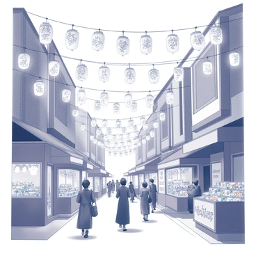 A street filled with hanging lanterns in various shapes and sizes. The lanterns emit intricate patterns of light on the surrounding walls and pavement. Many of the lanterns are suspended from wires above the street, creating a canopy effect. Festive decorations adorn the storefronts along the street, featuring floral designs and traditional motifs. Pedestrians in traditional attire stroll down the street, some stopping to admire the displays. The atmosphere is lively with vendors selling local snacks and sweets from brightly colored stalls.