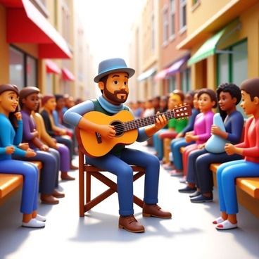 A street musician playing an acoustic guitar with a focused expression. The musician wears a casual outfit, complete with a hat and a scarf. Around the musician, a small crowd of diverse people of different ages and backgrounds gather, some standing and others sitting on nearby benches. The crowd appears engaged and attentive, with smiles on their faces. Sunlight filters through the surrounding buildings, casting soft shadows on the ground. The street is lined with colorful storefronts, adding vibrant details to the scene.