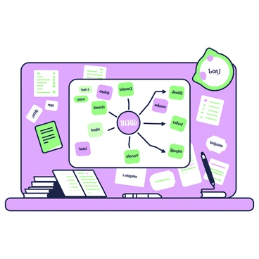 A table is covered with various documents scattered across its surface. Some documents are stacked neatly, while others are loosely arranged. In the center of the table, there is a mind map outlining a sales strategy plan. The mind map has a main idea at its center, with branches connecting to several key points, illustrated with circles and lines. Various colored sticky notes are affixed around the mind map, each containing short phrases and ideas related to the strategy. A pen lies on the table, positioned next to an open notebook filled with handwritten notes.