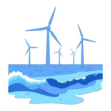 A blue series of wind turbines stands tall above the ocean, their blades rotating gently in the breeze. Below the turbines, waves crash against the base, creating white foam as they collide with the water. The ocean stretches out in all directions, reflecting the light of the sky. The turbines are arranged in a line, with their tall structures contrasting against the vast blue expanse of the sea.