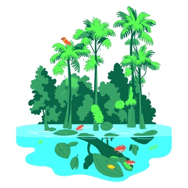 A green rainforest is submerged in water, with tall, slender trees rising from the depths. The trees have lush, vibrant green foliage, creating a striking contrast against the clear blue water surrounding them. Wildlife is abundant, with colorful birds perched on the branches, their feathers a mix of yellow and red. Below the water's surface, fish can be seen swimming gracefully among the tree roots, while frogs sit on leaves, their bright colors accentuating the scene. The atmosphere is filled with the sounds of nature, creating a lively environment in the flooded rainforest.