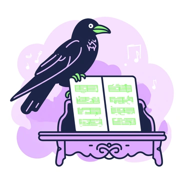 A raven is perched on a music stand. The raven has glossy black feathers and sharp, intelligent eyes. The music stand is made of dark wood, showcasing intricate carvings on its surface. On the stand, there is a vintage sheet of music with elegant, flowing notes and faded lines. The background is softly blurred, directing focus to the raven and the sheet music. The scene is filled with an atmosphere of creativity and inspiration.
