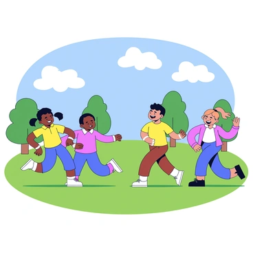 A group of children playing in a park, laughing and running around. They are engaged in a game of tag, with one child chasing another. The children are diverse in appearance, wearing colorful clothes. The park has green grass, and there are a few trees in the background. The sky is bright blue with fluffy white clouds. Sunlight casts playful shadows on the ground.