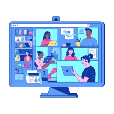 A blue screen displays a diverse group of professionals of various genders participating in a virtual meeting. The screen shows multiple participants, with some smiling and others focusing intently. Each individual is in their unique home office setting, with bookshelves and plants visible in the background. Some participants are using headsets, while others are speaking directly to the camera. There are colorful icons representing different aspects of teamwork, such as charts and graphs, that are present around the screen.