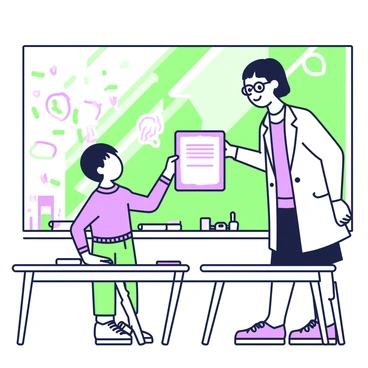 A young student with short hair is standing beside their teacher in a classroom. The teacher is wearing glasses and has a friendly expression. They are holding a certificate, which the student is reaching out to receive with both hands. The classroom features a chalkboard behind them with colorful drawings, and there are desks arranged in rows with various school supplies on them. Sunlight is streaming through a window, illuminating the scene.