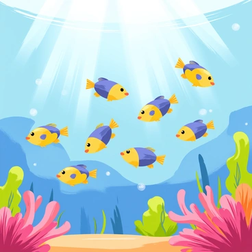 A school of tiny, shimmering tropical fish with vibrant colors swimming in unison. The fish display bright blue, yellow, and orange scales that glisten under the light. They move together in a synchronized pattern, creating a wave-like motion in the water. Bubbles rise around them as they glide through a colorful coral reef filled with green seaweed and vibrant coral formations. Sunlight filters down from the surface, casting a soft glow on the scene.