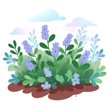 A lush herb garden filled with vibrant thyme plants in full bloom, showcasing clusters of tiny purple flowers. The thyme plants have rich green foliage and spread evenly across the garden bed. The scene is set under a clear, sunny sky with soft gradient pastel colors. Gentle sunlight casts delicate shadows on the soil, highlighting the textures of the leaves and the earth. Various other herbs, such as basil and rosemary, are also present, adding diversity to the garden’s rich palette.