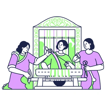 Three figures, known as "The Fates," are gathered around a large loom. Each Fate is depicted with distinct characteristics, representing their unique roles. The first Fate, in the middle, is focused on weaving, skillfully manipulating a bundle of threads that flow from the loom. The threads, vibrant and delicate, stretch outwards, each one symbolizing a different life. The second Fate, on the left, is measuring the threads with a precise expression, ensuring the lengths are perfect. She holds a silver measuring tool in her right hand. The third Fate, on the right, is cutting a thread with a pair of ornate scissors, her brow furrowed in concentration. The loom itself is elaborately carved, with intricate designs that highlight its significance in the scene. The background features a soft, ambient light that illuminates the Fates and the loom, drawing attention to their focused expressions and skilled hands.