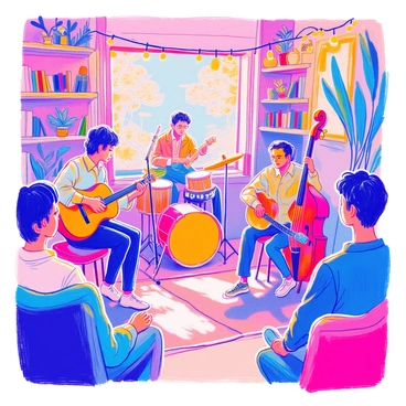 A band is performing an acoustic set in a small, intimate venue. The stage is adorned with warm, glowing string lights, creating a cozy atmosphere. The musicians include a singer with a guitar, a drummer with a cajón, and a bassist with an upright bass. Each musician is focused on their performance, with the singer passionately singing into a vintage microphone. The audience is seated on plush cushions and small chairs, looking engaged and enjoying the music. In the background, there are wooden shelves filled with books and potted plants, adding to the intimate vibe of the setting.
