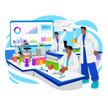 A bright laboratory scene filled with scientists in white lab coats. One scientist is carefully holding a syringe filled with a clear liquid, while another examines a row of colorful vials on the table. The vials have labels with various codes and are arranged in an organized manner. A large computer screen in the background displays graphs and data related to vaccine research. Several lab instruments, such as microscopes and test tubes, are scattered across the counters. The atmosphere is busy and focused, with the scientists engaged in their important work.