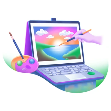 A computer sits on a desk with a colorful digital canvas displayed on the screen. The screen shows an impressionist-style landscape featuring swirling clouds, a vibrant sunset, and gentle waves on a serene lake. Beside the computer, there are brushes and a palette with various paint colors scattered around. A hand reaches towards the screen, holding a digital stylus, as vibrant colors blend and emerge on the canvas.