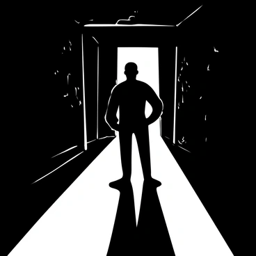 A shadowy figure standing at the end of a dimly lit hallway, partially obscured by darkness. The walls of the hallway are textured and show signs of age, with peeling paint and visible cracks. At the floor, shadows stretch out in elongated shapes leading towards the figure. The light source is faint, casting soft, diffused beams that create a stark contrast with the surrounding gloom. The atmosphere is thick with an air of mystery, inviting a sense of intrigue regarding the figure's presence.