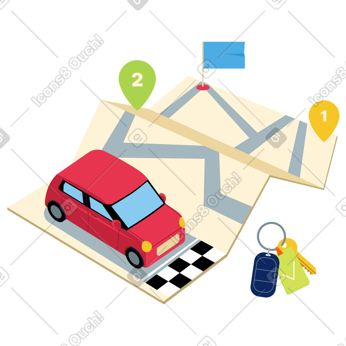 Roadmap of traveling to destinations by car illustration in Catchy style download in PNG, SVG