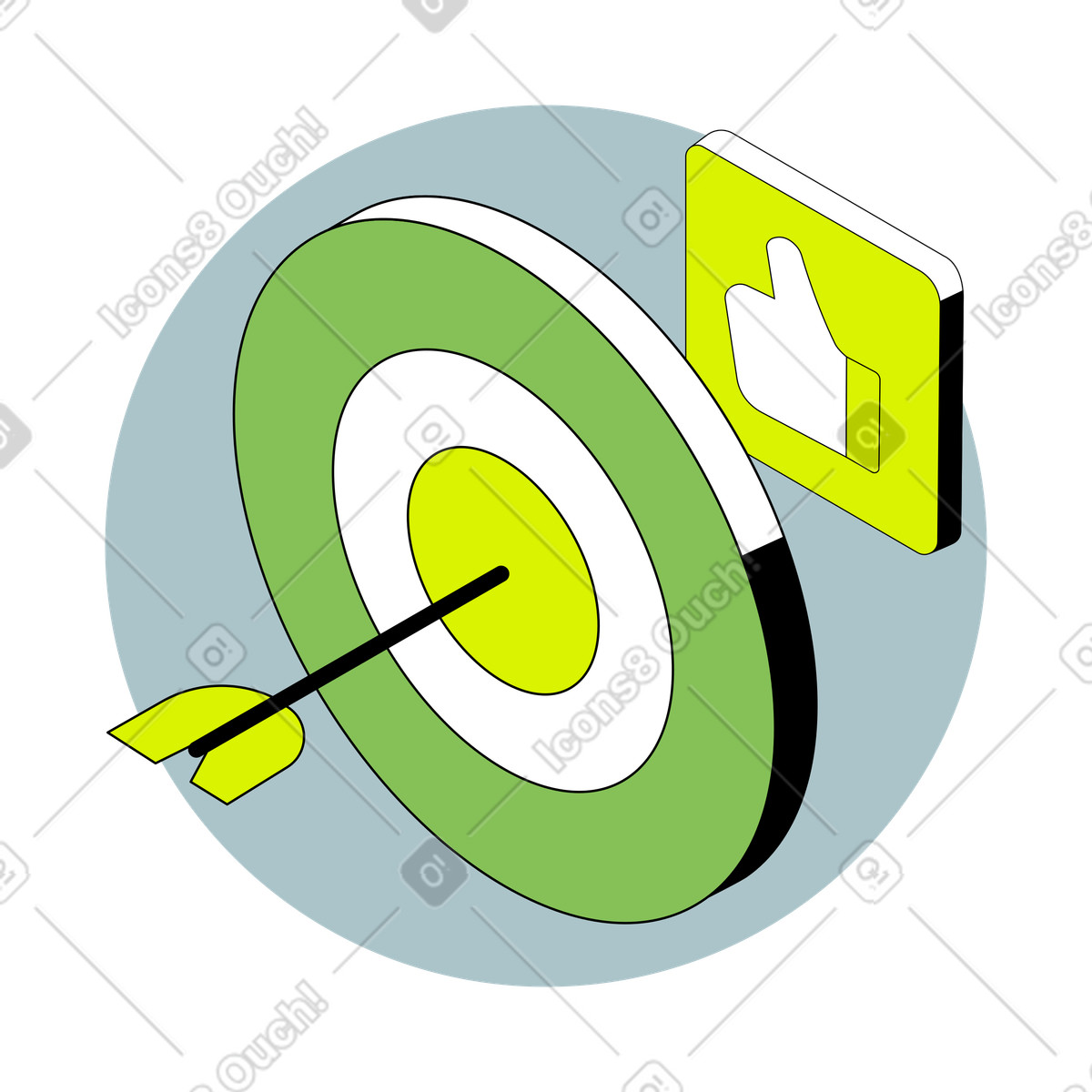 Isometric スタイルの Bullseye and social media like button, Content targeting on のイラストをPNG、SVG形式でダウンロード