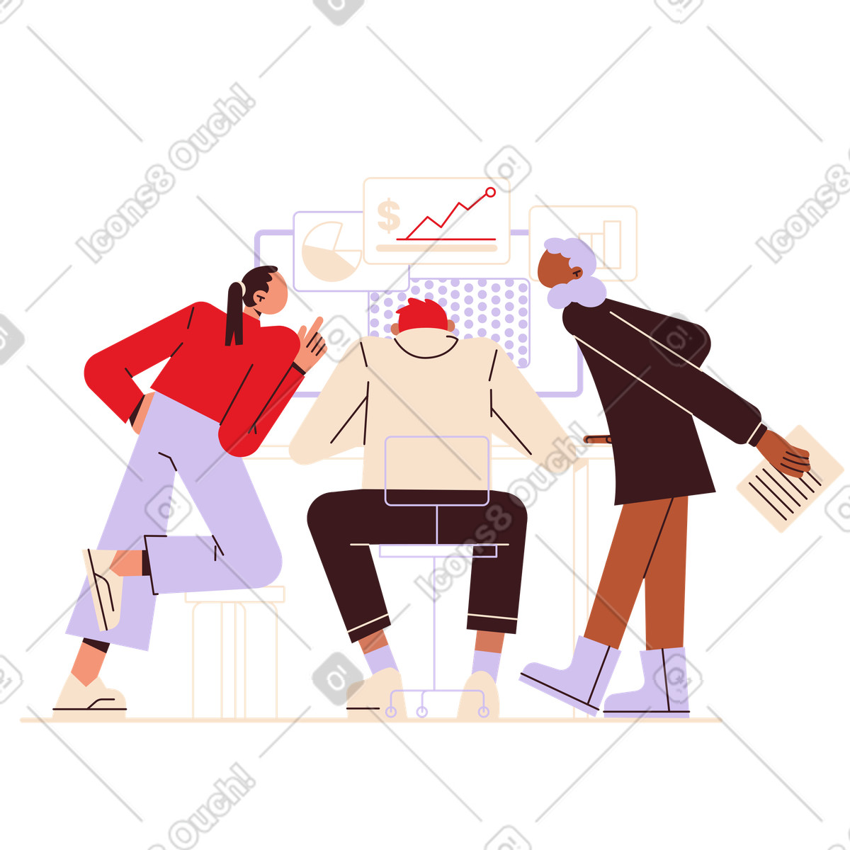 Team analyzing financial graphs on computer screen, Business analytics and teamwork illustration in Folks style download in PNG, SVG