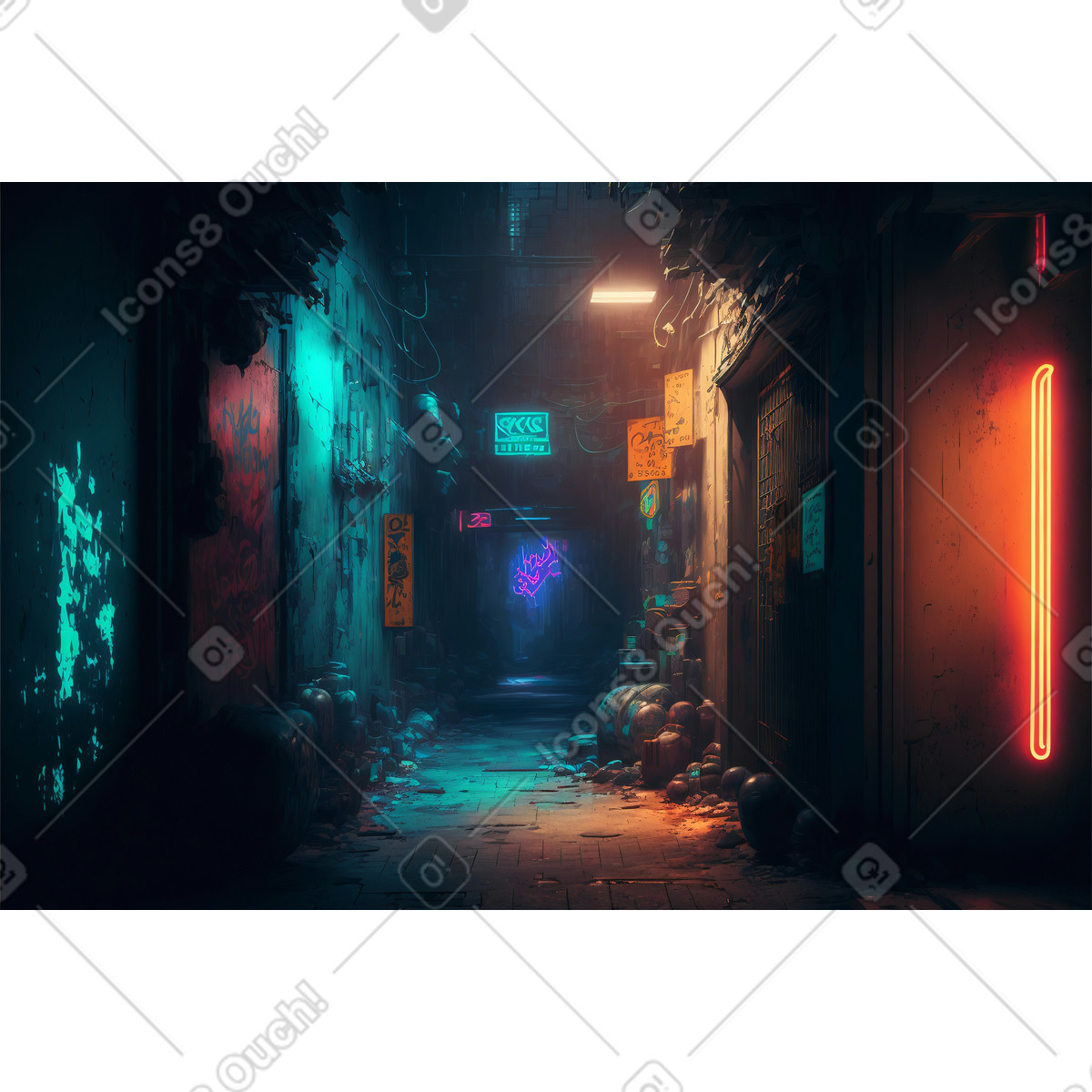 A dark alley with neon lights in futuristic city background illustration Experimental style download PNG, SVG