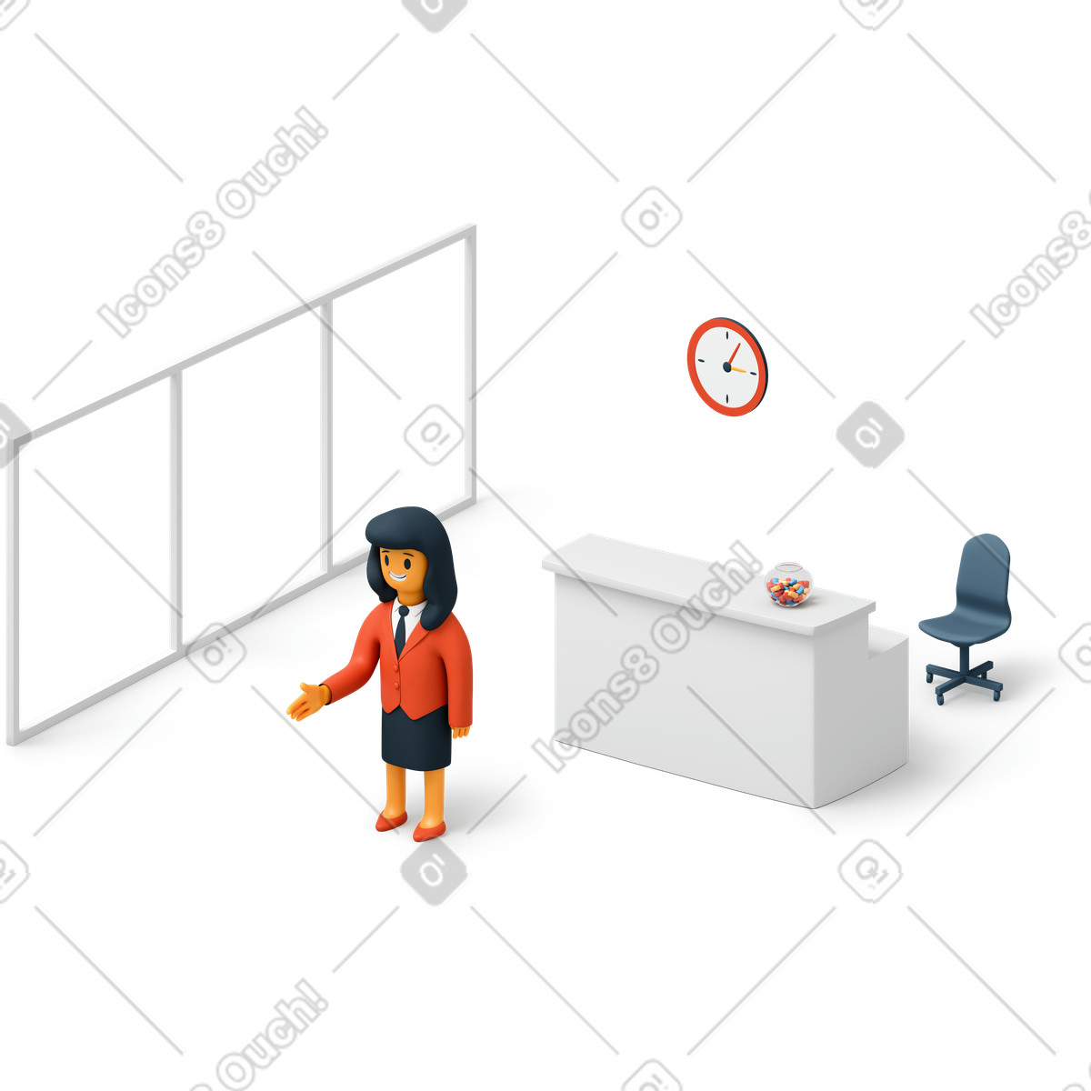 Geschäftsfrau an der rezeption im büro-Illustration 3D Flame-Stil als Download in PNG, SVG