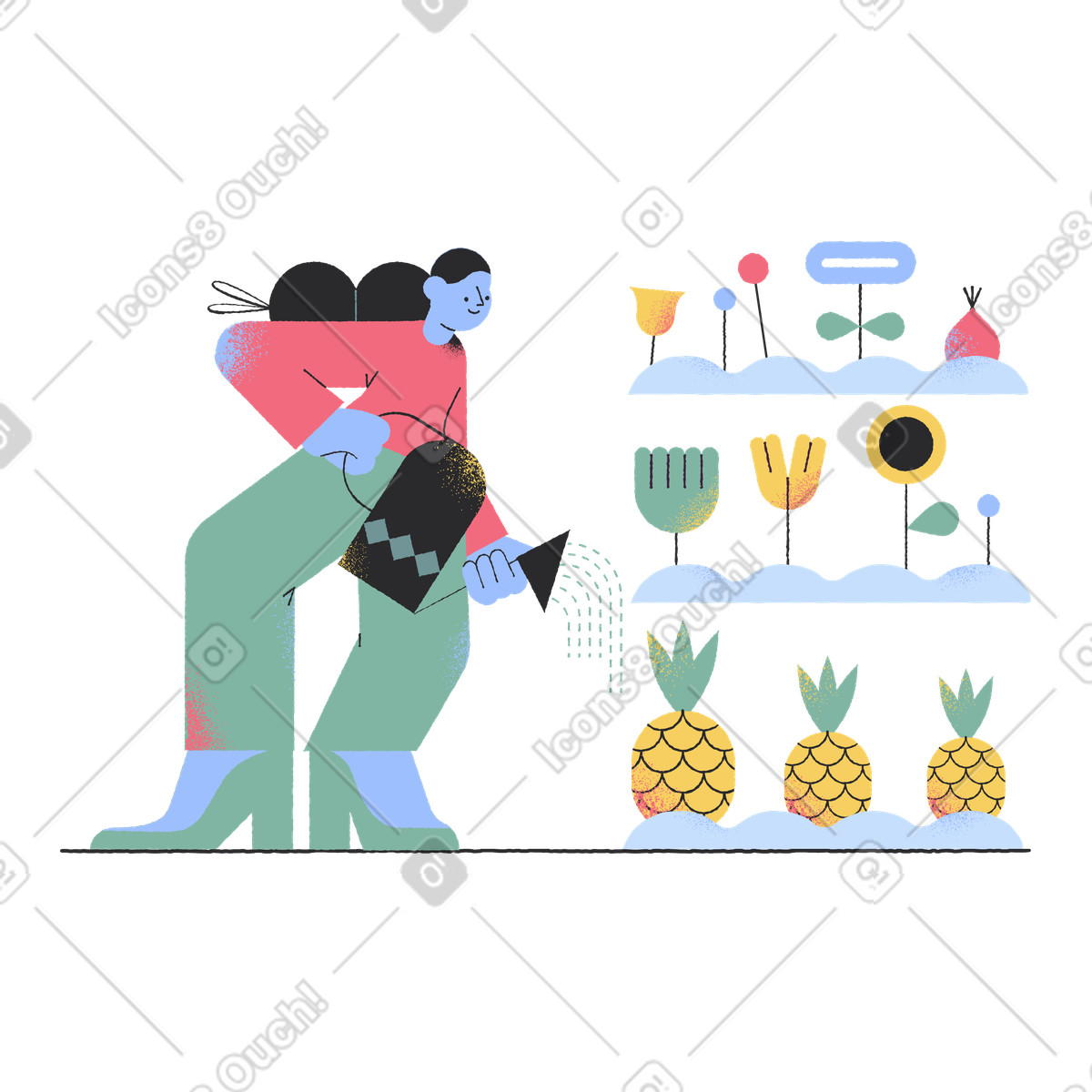 Ilustración Mujer regando plantas en un jardín vertical estilo Pablo a descargar PNG y SVG