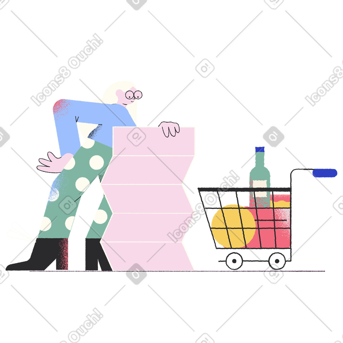 Pablo スタイルの ショッピングカートと長い買い物リストを持つ女性 のイラストをPNG、SVG形式でダウンロード