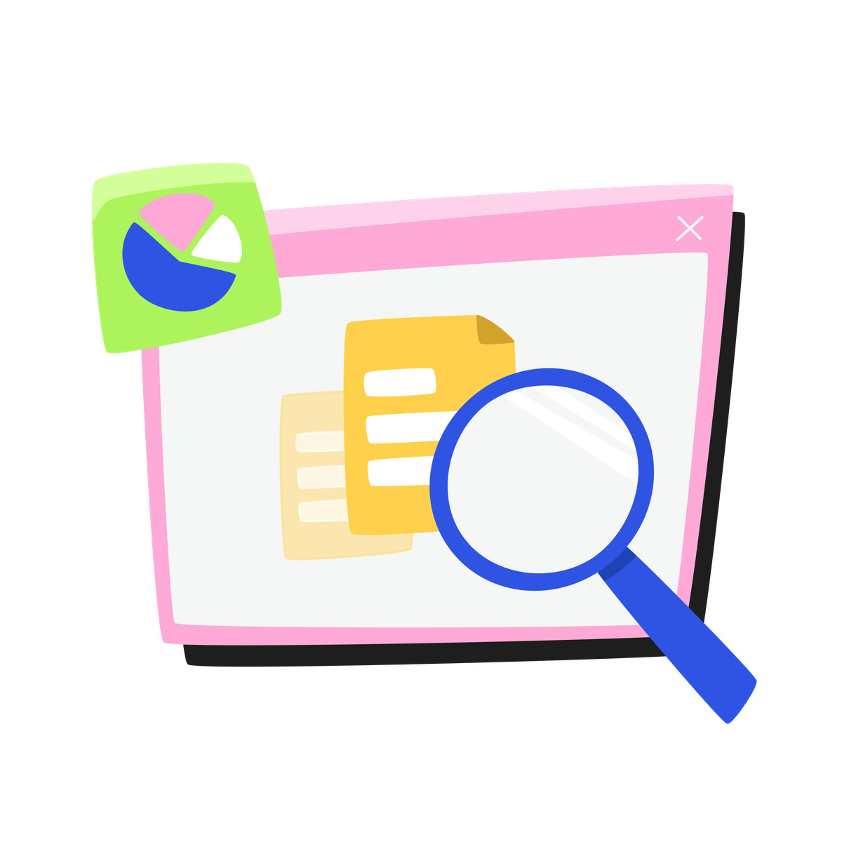 Window with documents and magnifying glass for data analysis illustration in Bouncy style download in PNG, SVG