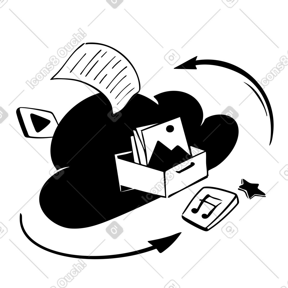 Sincronizzazione dell'archiviazione cloud, caricamento di contenuti multimediali, backup file illustrazione in stile Line scarica in PNG, SVG