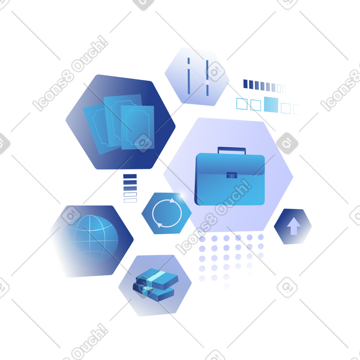 Business portfolio management with hexagonal finance icons illustrazione in stile Quantum scarica in PNG, SVG