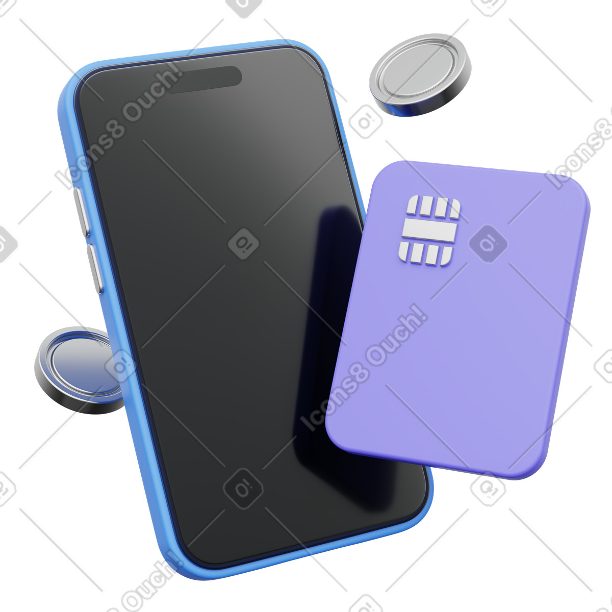 Ilustración Pago bancario digital, smartphone con tarjeta morada y monedas, transacción móvil segura en estilo 3D Playful a descargar en PNG SVG