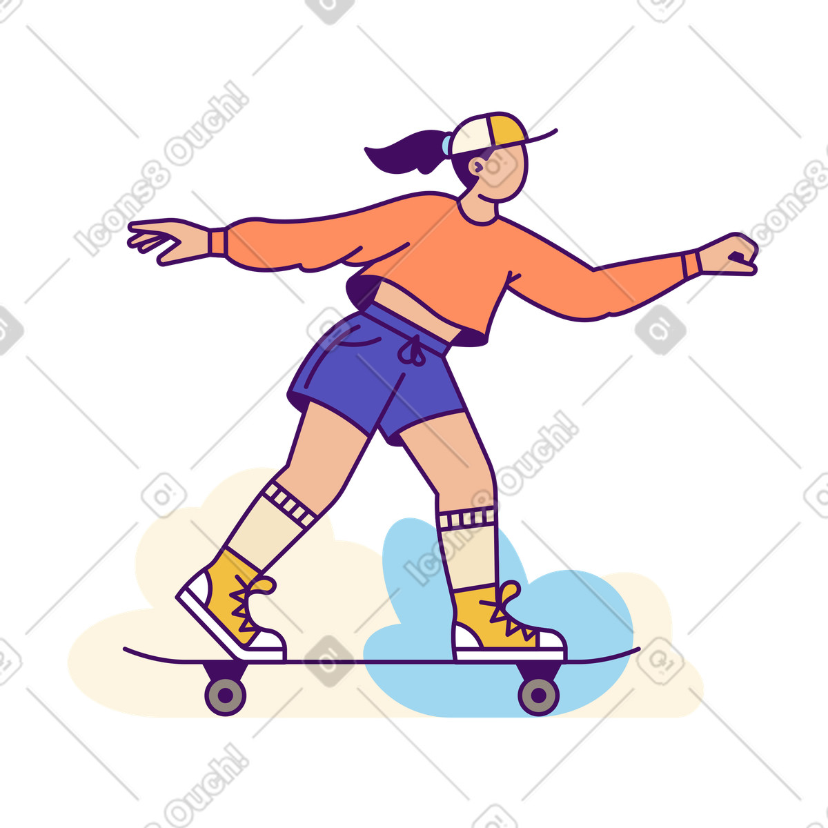 Ilustração animada de Mulher andando skate em no estilo Simplistic para baixar em GIF, Lottie (JSON), AE