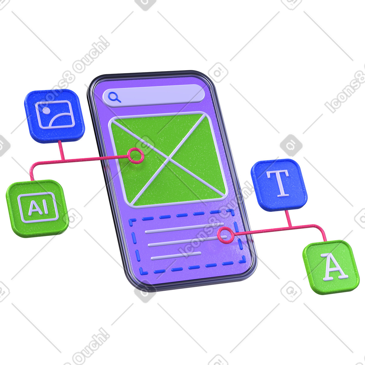 Interface with AI, text, and layout icon, Smart tools within plugin framework, Connected ecosystem for design software illustration in 3D Boost style download in PNG, SVG