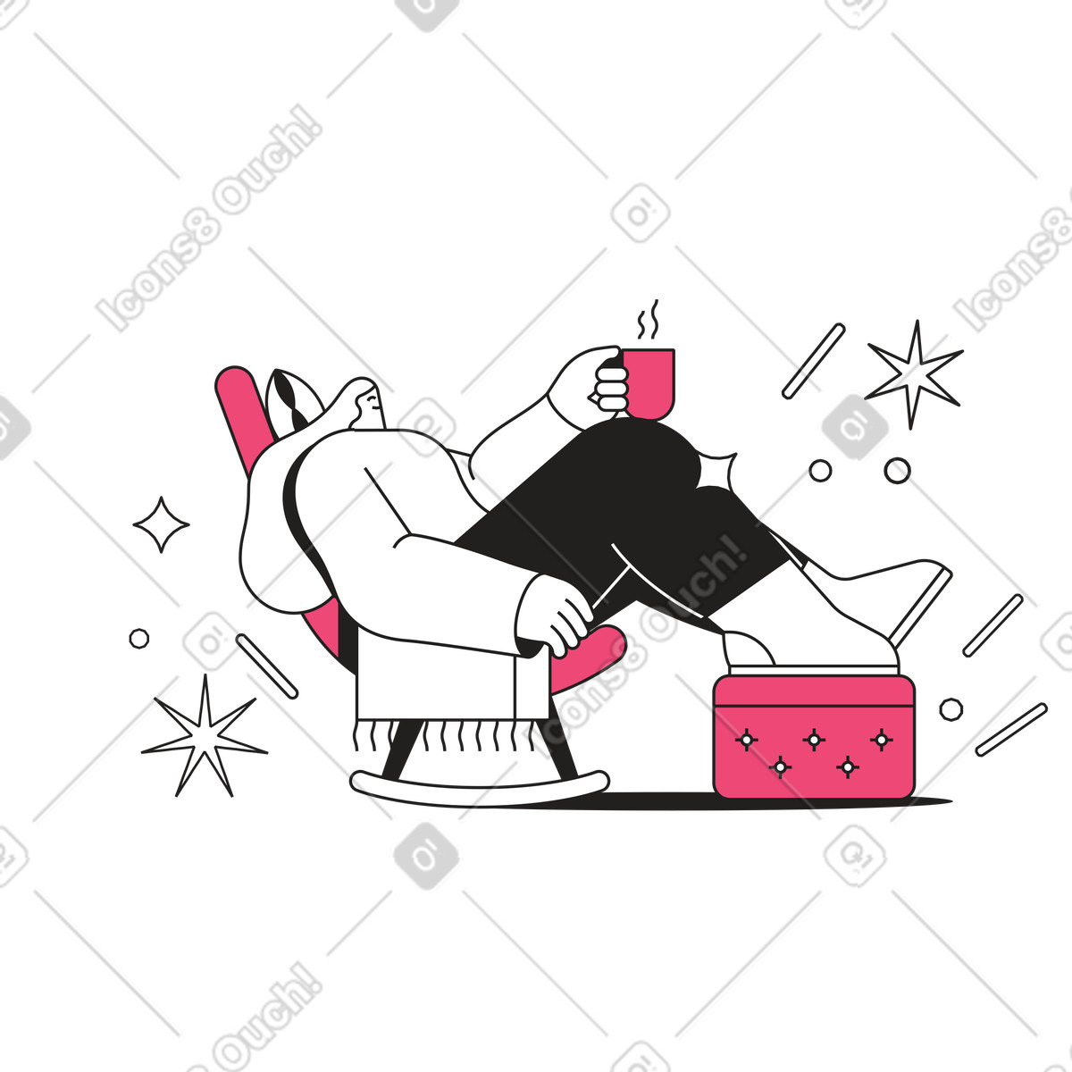 Illustration Lounging with cup and footrest, Self-care home rest dans le style Dazzle Line à télécharger aux formats PNG, SVG