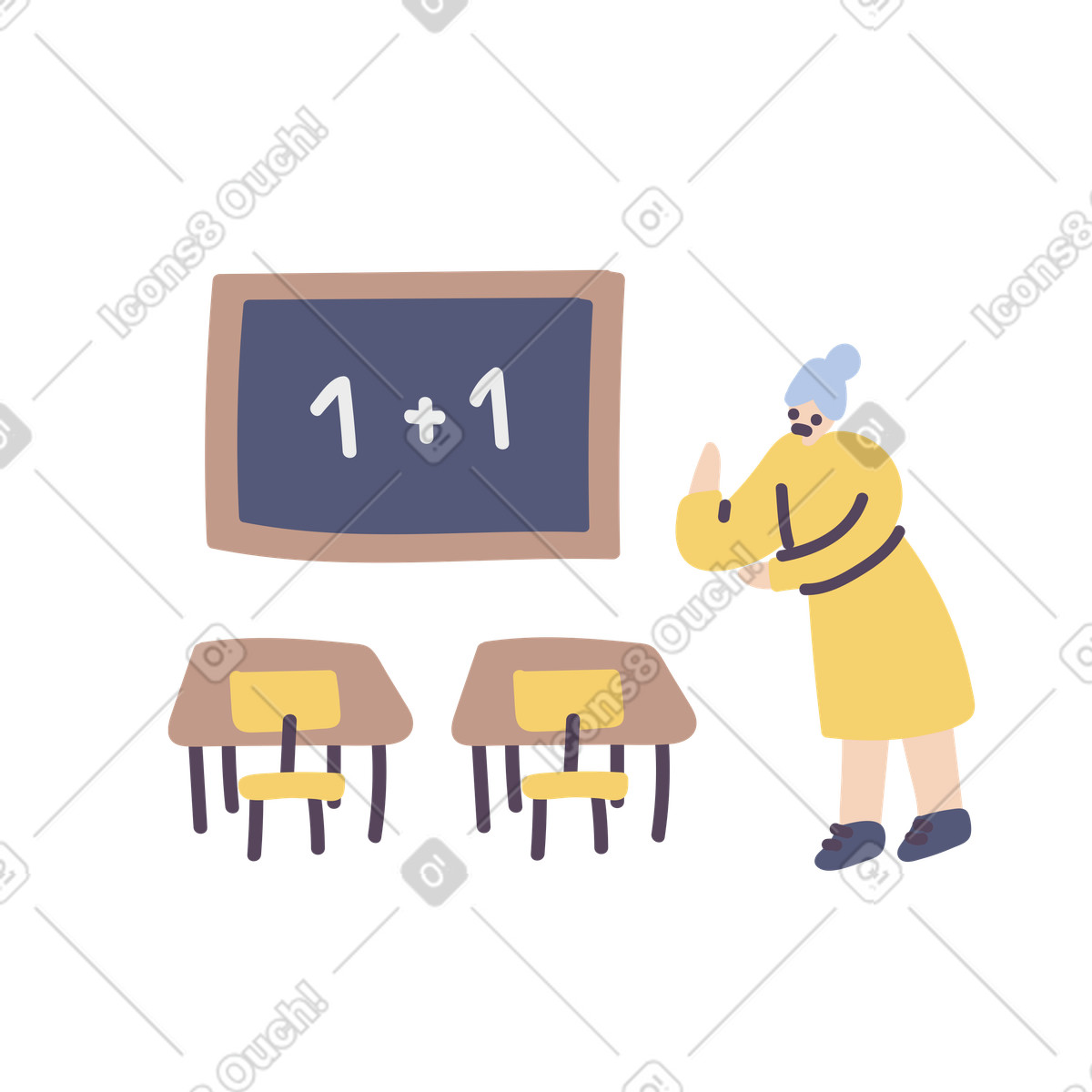 School teacher next to blackboard with elementary arithmetic illustration in Pluto style download in PNG, SVG