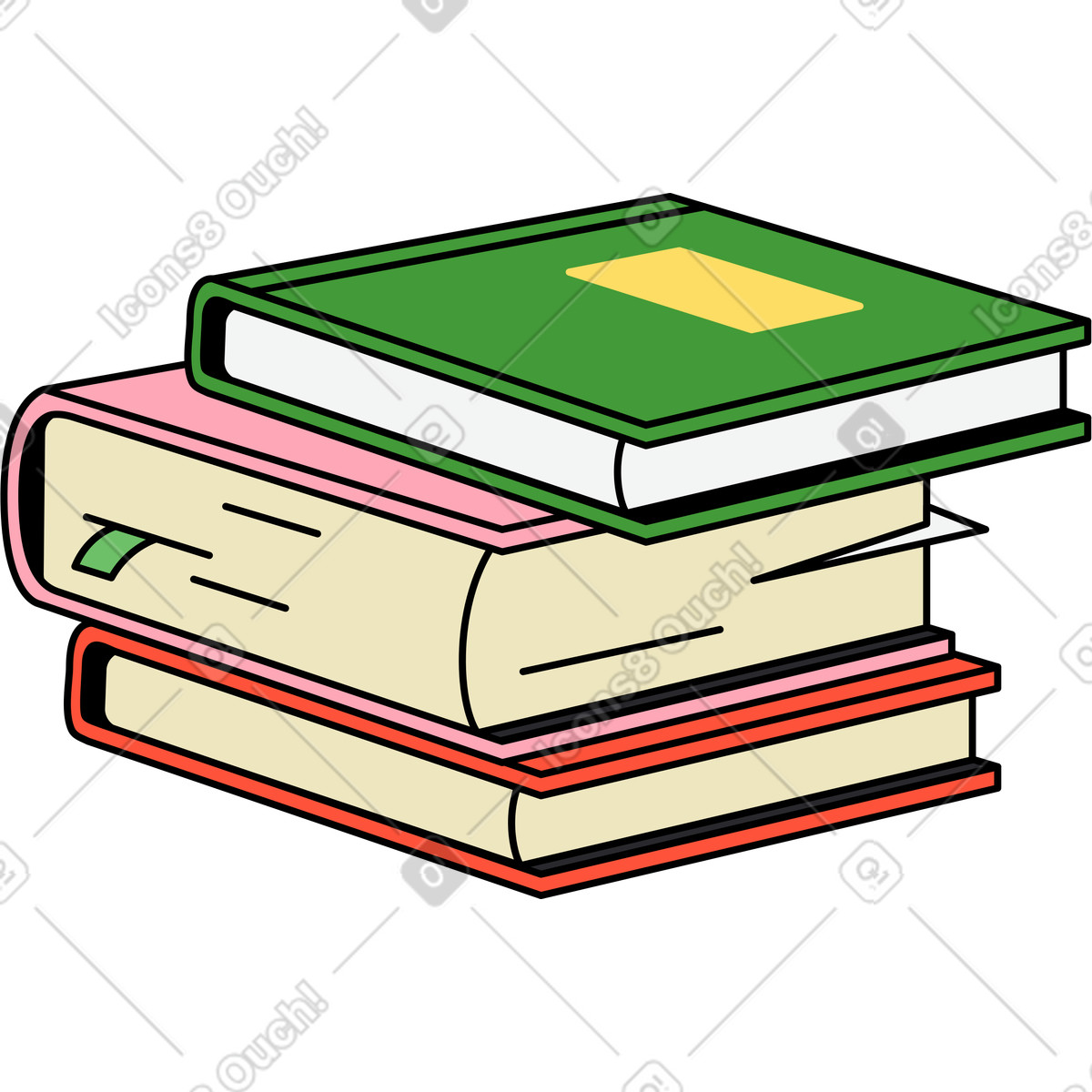 Stack of books illustration featuring colorful clipart images in PNG SVG