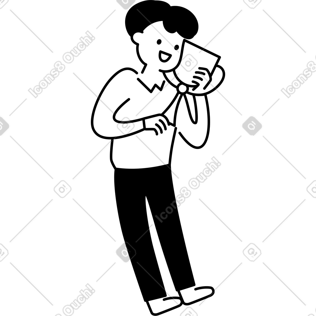 Character holding photo and adjusting suspender strap with happy expression-Illustration im Notion Line Art-Stil als Download in PNG, SVG