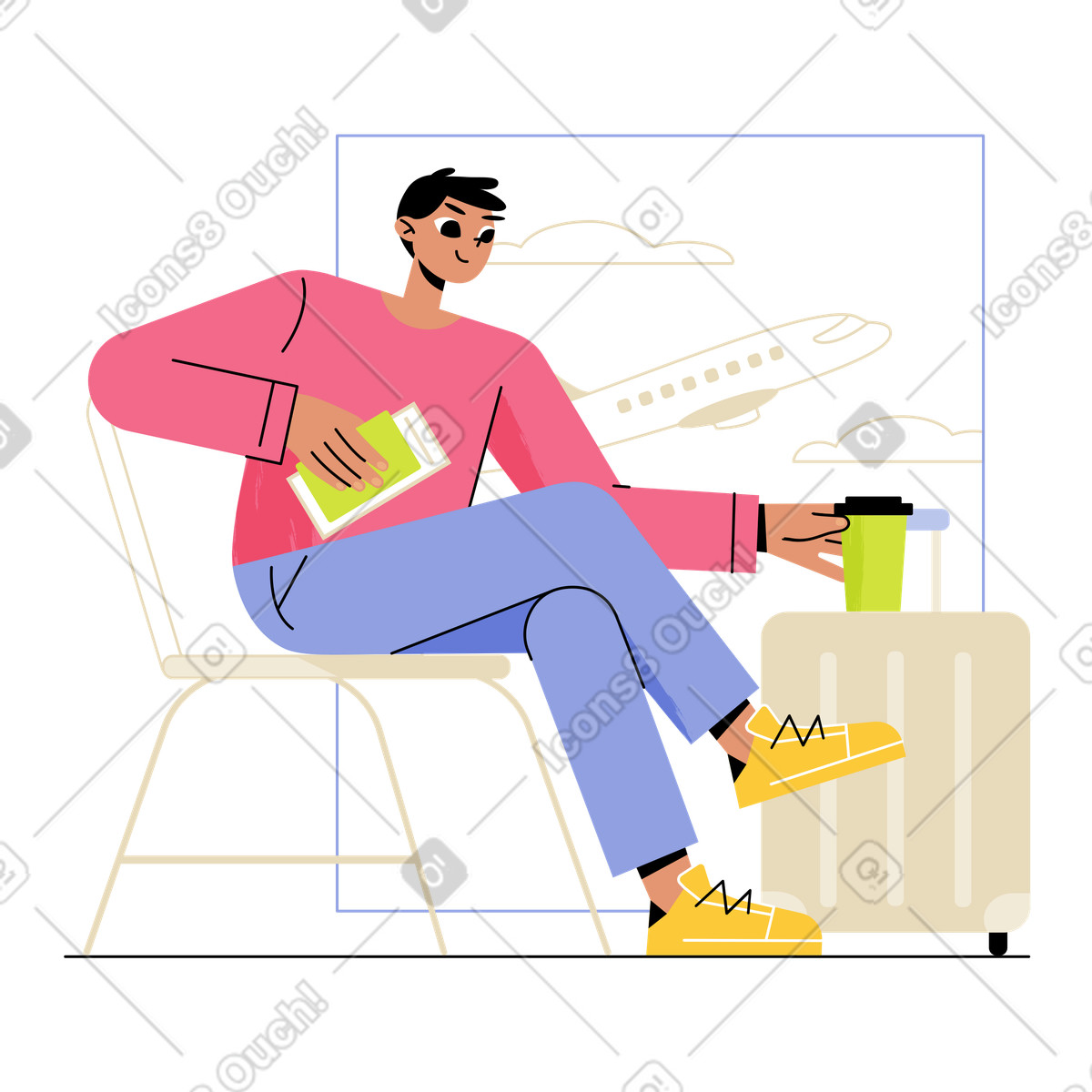 Traveler sitting in airport chair illustration clipart PNG waiting for flight departure