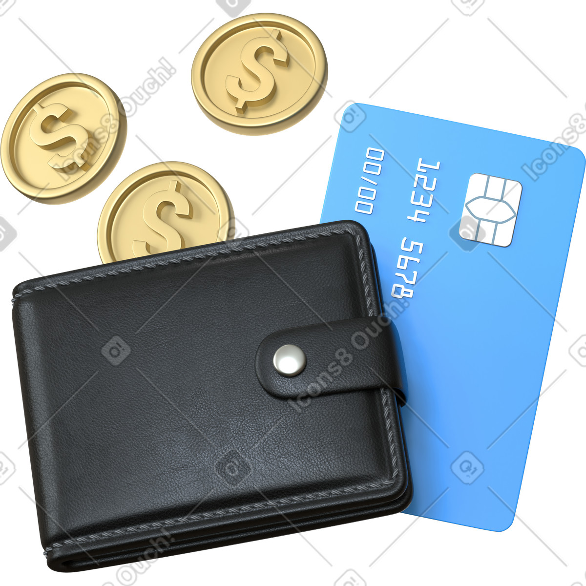 下载 3D Business 风格的 Black wallet with credit card 插画，支持 PNG、SVG 格式