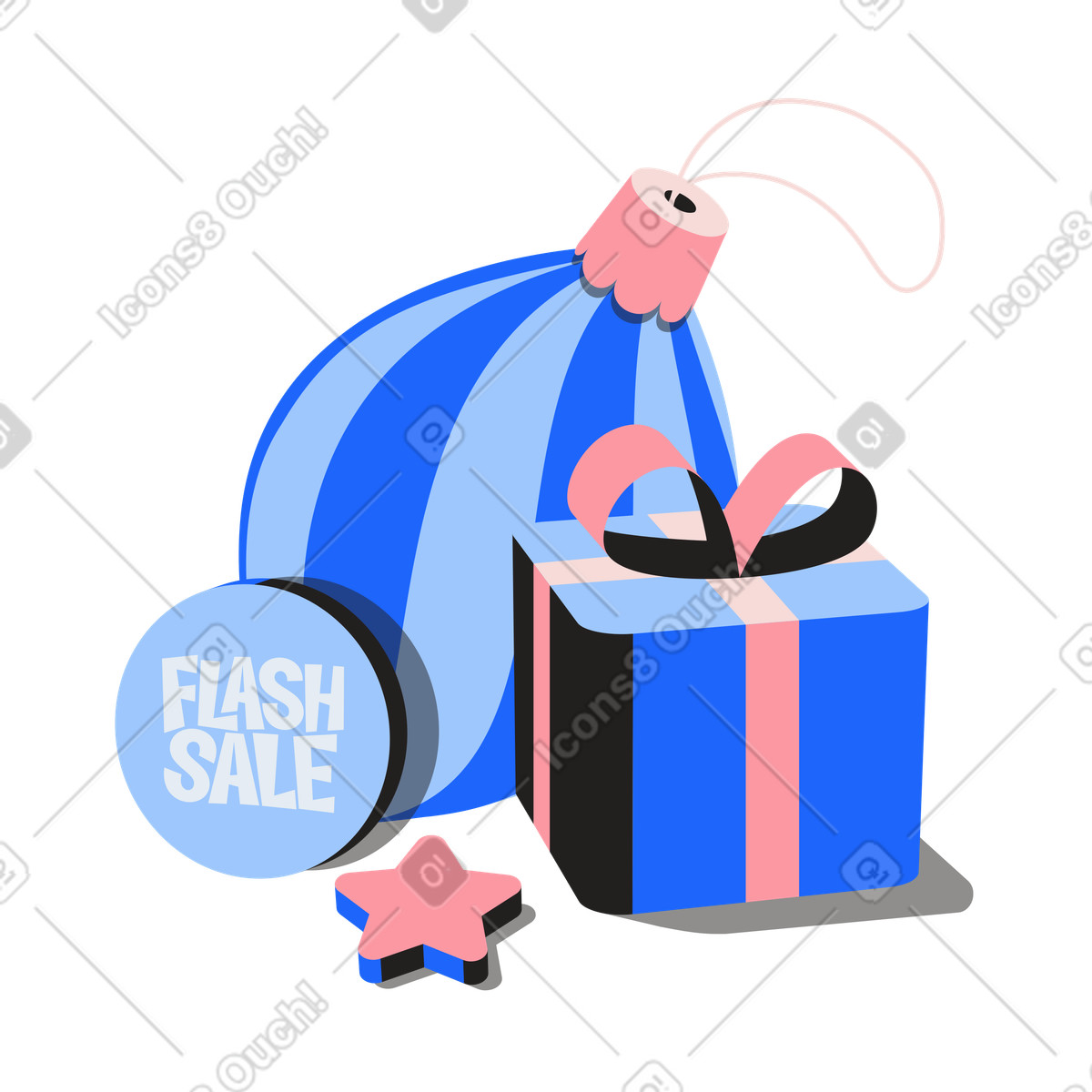 Illustration Vente de nouvel an avec cadeaux et décorations dans le style Editorial à télécharger aux formats PNG, SVG
