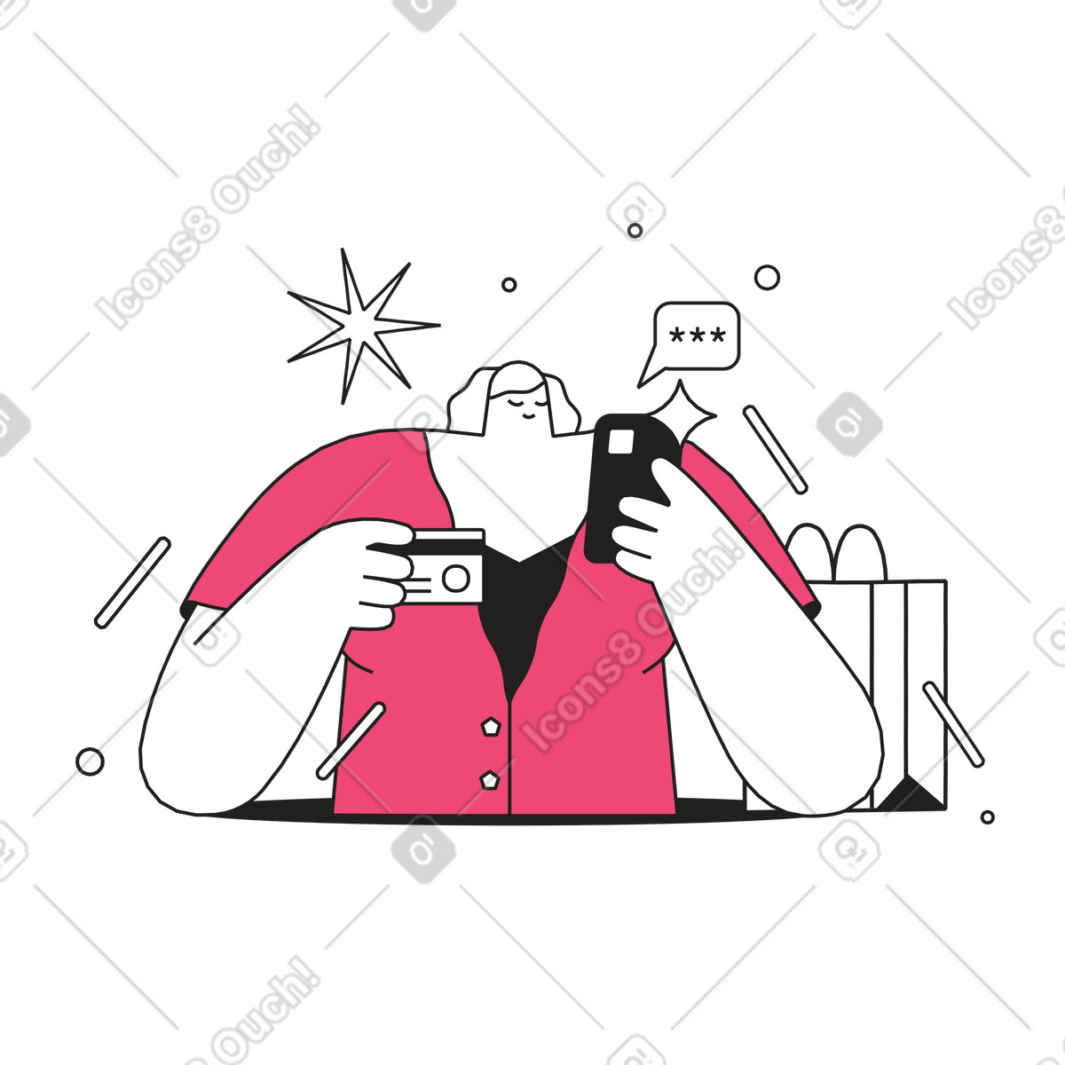 Cliente che inserisce i dati della carta al telefono, acquista su internet e fa shopping online illustrazione in stile Dazzle Line scarica in PNG, SVG
