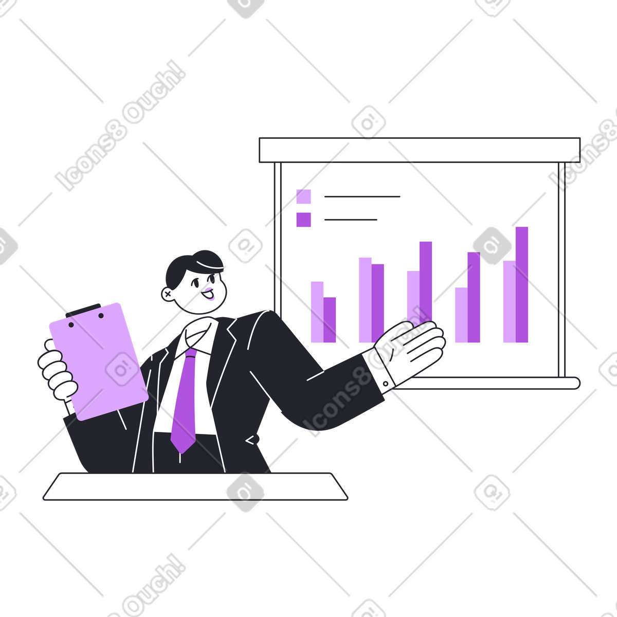 Businessman explaining analytics on board, Sales pitch or project briefing illustration in Grapy style download in PNG, SVG
