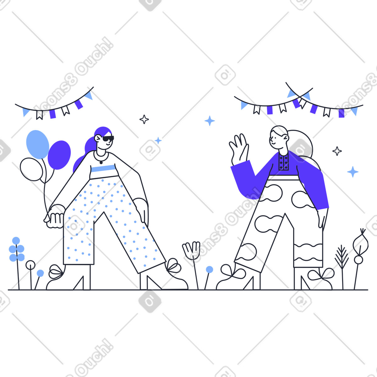 Women meeting at party with balloons and bunting illustration in Pablita style download in PNG, SVG
