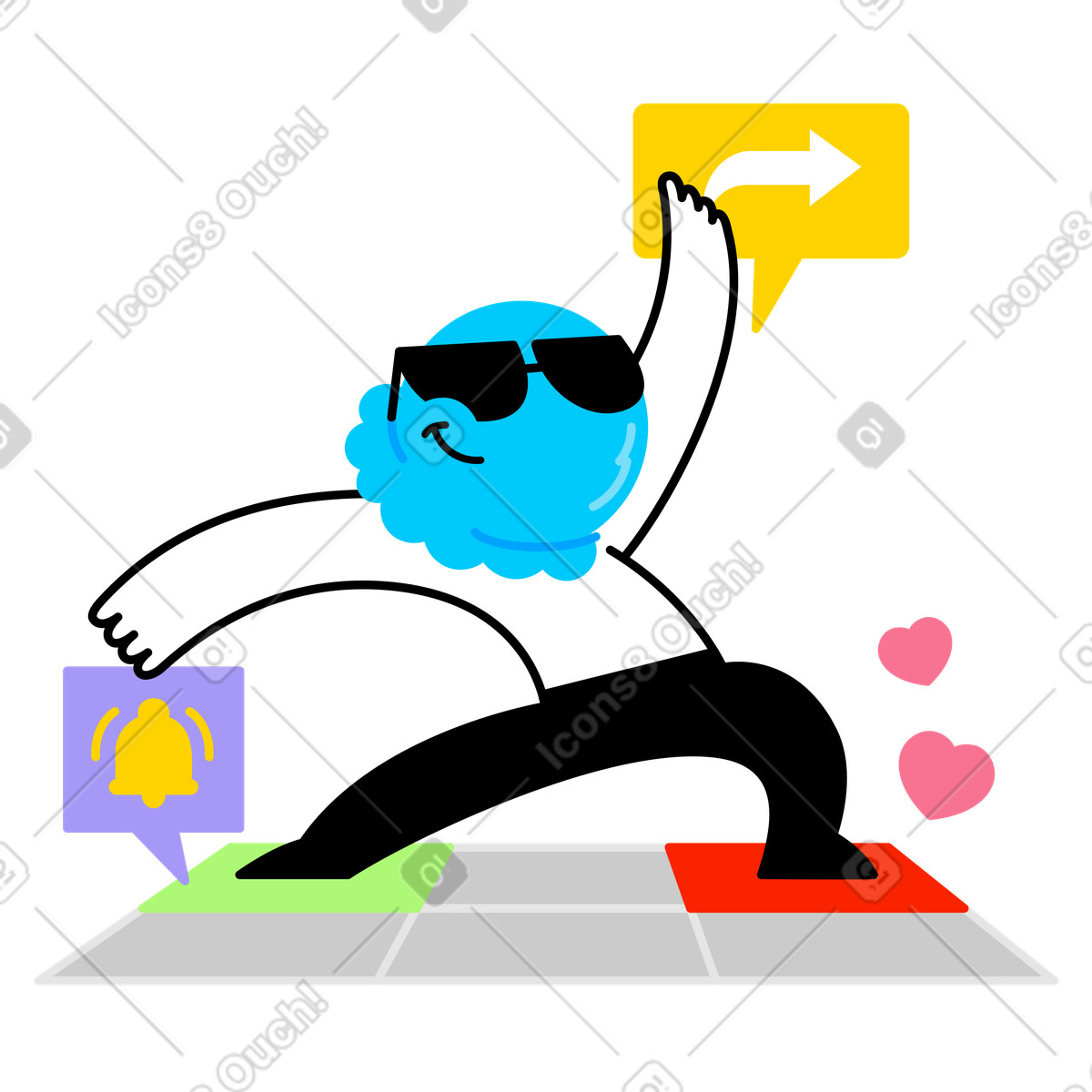 Character pressing Like, Share and Subscribe buttons illustration in Giggle style download in PNG, SVG