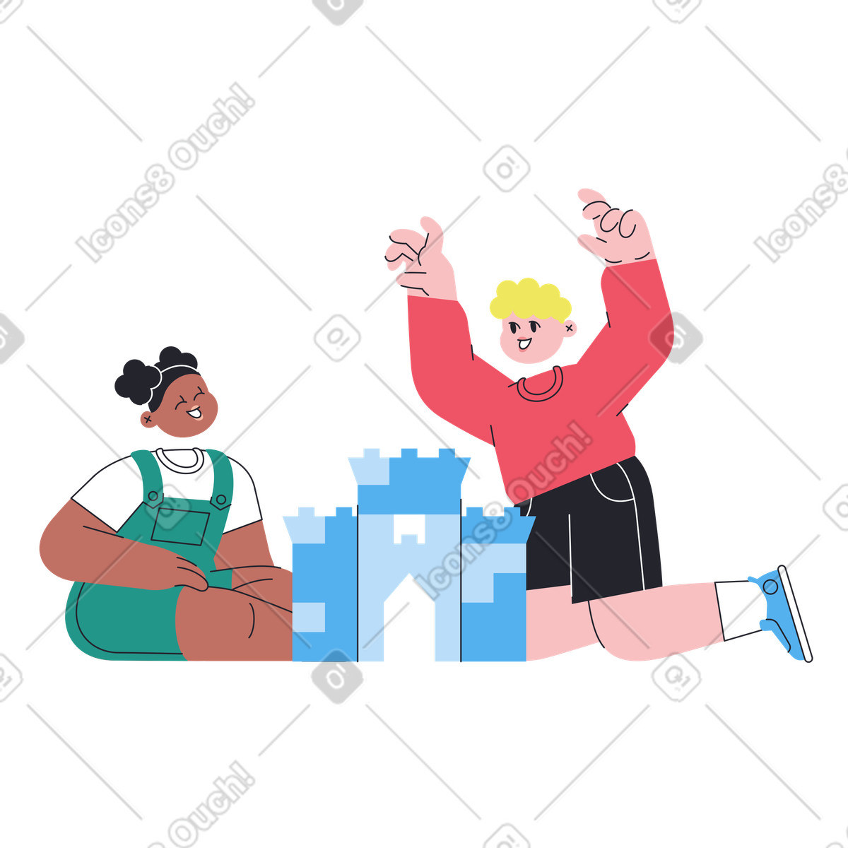 Kids building a castle with blocks, Engaging in imaginative play illustration Boba style download PNG, SVG