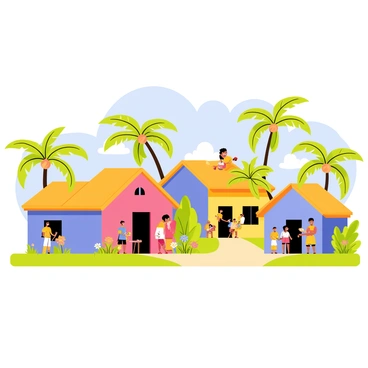 A colorful tropical village featuring several thatched-roof houses painted in vibrant shades of blue, pink, and yellow. Lush green palm trees sway gently in the breeze, providing shade to the village. Villagers are shown engaging in various activities, smiling and wearing bright, traditional clothing, creating a lively atmosphere. The sky is a clear blue with a few fluffy clouds scattered about, adding to the cheerful scene. A dirt path winds through the village, connecting the houses and lined with colorful flowers.