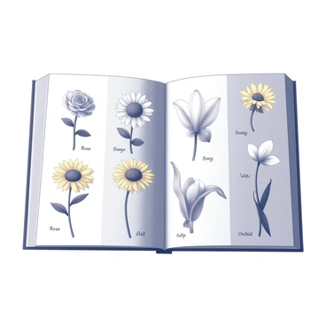 A page from an illustrated book featuring a comparison of various types of flowers. On one side, there are detailed depictions of a "rose" with intricate petals, a "daisy" showcasing its simpler structure, and a "sunflower" with its large, round center surrounded by yellow petals. The other side presents a "lily" with its elegant shape, a "tulip" standing tall with its smooth, teardrop form, and a "orchid" displaying unique, exotic features. The background is split into two distinct sections, enhancing the visual distinction between the flower types. Each illustration is carefully labeled with the name of the flower in an elegant font.